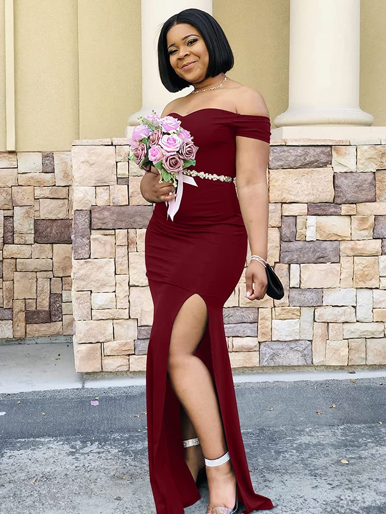 YMDUCH Women's Off Shoulder High Split Long Formal Party Dress Evening Gown WineRed - Image 5